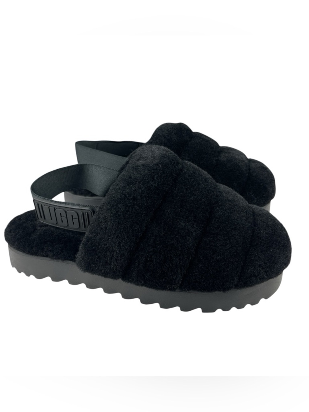 UGG Women’s Super Fluff Sheepskin Slippers Size 7 Black Fuzzy Slingback 1121751